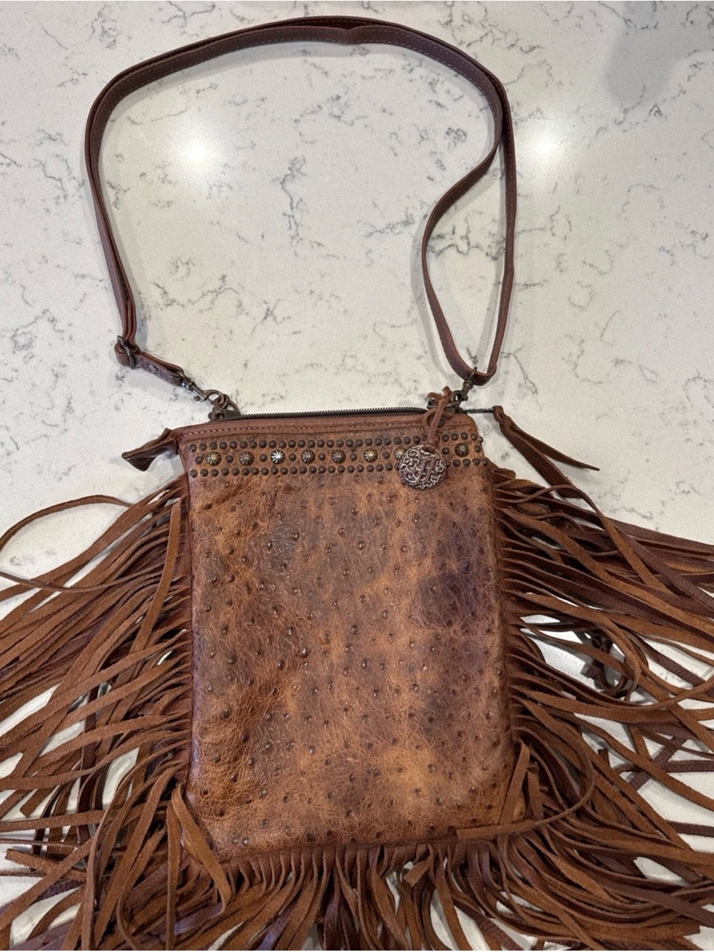 Double D Ranch Brown Ostrich-Effect Fringe Crossbody with Stud Charm